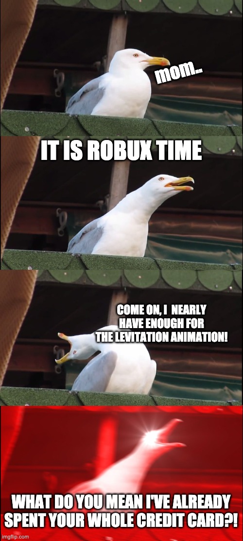 Inhaling Seagull | mom.. IT IS ROBUX TIME; COME ON, I  NEARLY HAVE ENOUGH FOR THE LEVITATION ANIMATION! WHAT DO YOU MEAN I'VE ALREADY SPENT YOUR WHOLE CREDIT CARD?! | image tagged in memes,inhaling seagull | made w/ Imgflip meme maker