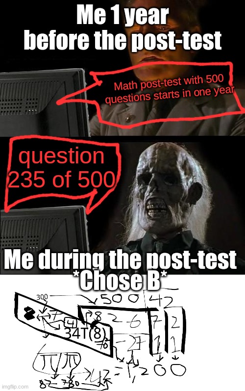 Me 1 year before the post-test; Math post-test with 500 questions starts in one year; question 235 of 500; Me during the post-test; *Chose B* | image tagged in memes,i'll just wait here | made w/ Imgflip meme maker