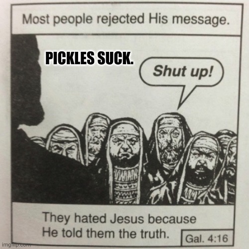 They hated jesus because he told them the truth | PICKLES SUCK. | image tagged in they hated jesus because he told them the truth | made w/ Imgflip meme maker
