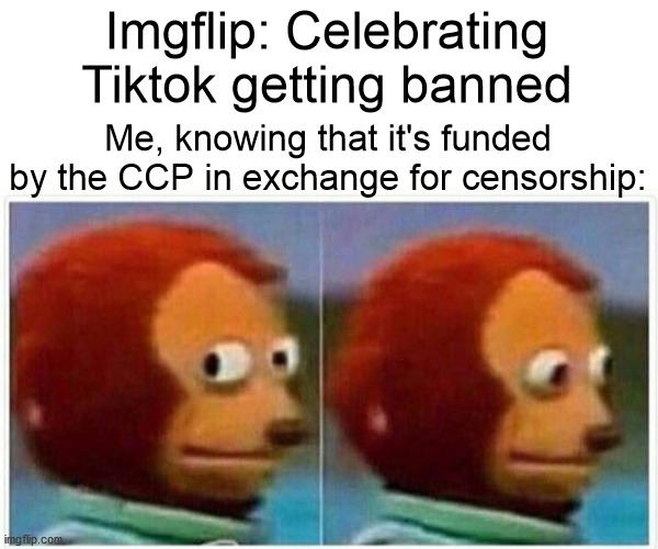 Monkey Puppet Meme | Imgflip: Celebrating Tiktok getting banned Me, knowing that it's funded by the CCP in exchange for censorship: | image tagged in memes,monkey puppet | made w/ Imgflip meme maker