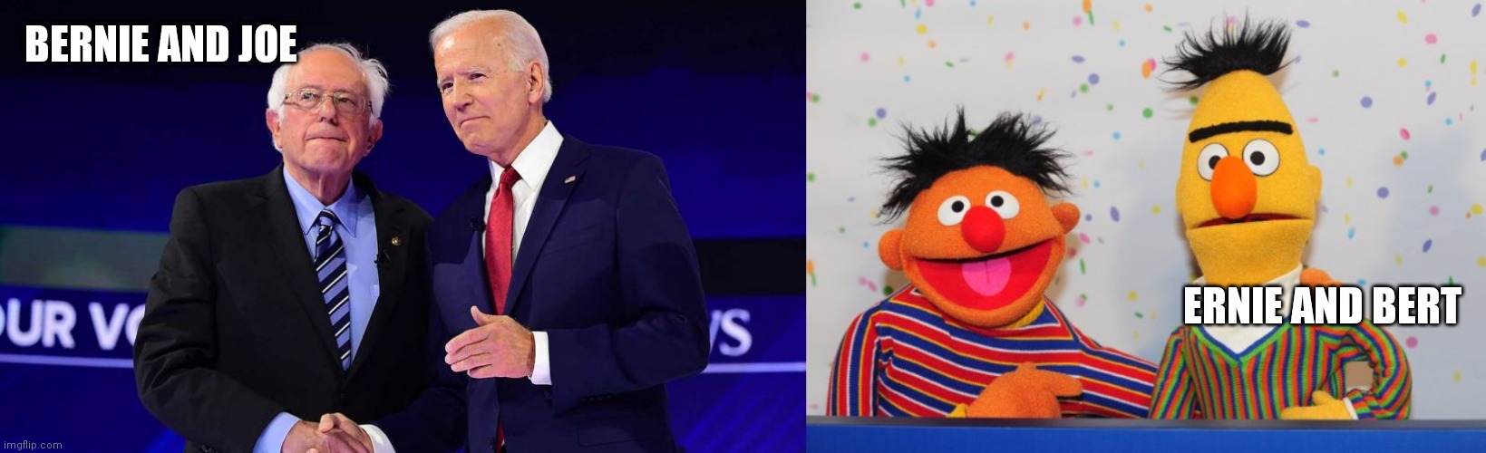 BERNIE AND JOE; ERNIE AND BERT | image tagged in bernie and joe  bert  ernie | made w/ Imgflip meme maker