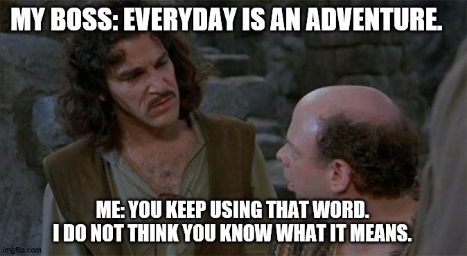 I work in an office | MY BOSS: EVERYDAY IS AN ADVENTURE. ME: YOU KEEP USING THAT WORD. I DO NOT THINK YOU KNOW WHAT IT MEANS. | image tagged in princess bride,adventure,words,i don't think it means what you think it means | made w/ Imgflip meme maker