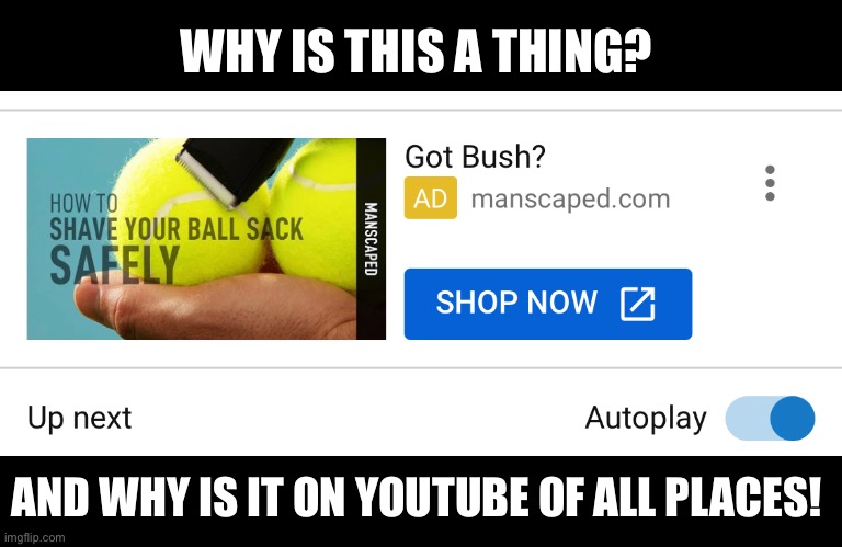 Anyone else notice this on YouTube? | WHY IS THIS A THING? AND WHY IS IT ON YOUTUBE OF ALL PLACES! | image tagged in balls,what,why,youtube,what the heck,dark humor | made w/ Imgflip meme maker