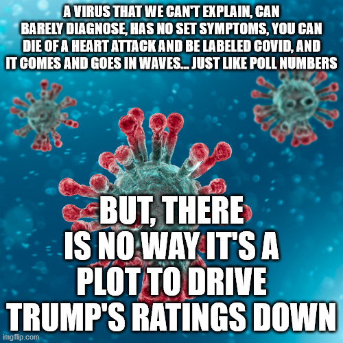The Chinese-Democrat virus... | A VIRUS THAT WE CAN'T EXPLAIN, CAN BARELY DIAGNOSE, HAS NO SET SYMPTOMS, YOU CAN DIE OF A HEART ATTACK AND BE LABELED COVID, AND IT COMES AND GOES IN WAVES... JUST LIKE POLL NUMBERS; BUT, THERE IS NO WAY IT'S A PLOT TO DRIVE TRUMP'S RATINGS DOWN | image tagged in covid-19 coronavirus,trump 2020,chinese virus,democrats cheat | made w/ Imgflip meme maker