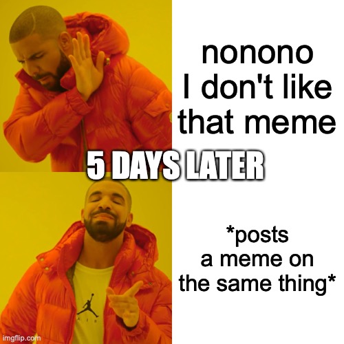 nonono I don't like that meme *posts a meme on the same thing* 5 DAYS LATER | image tagged in memes,drake hotline bling | made w/ Imgflip meme maker