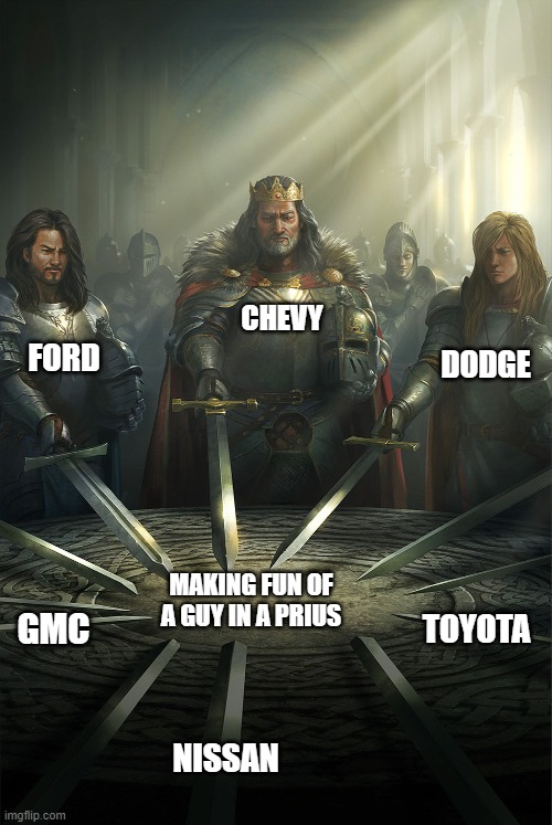 Truck Fanboys | CHEVY; FORD; DODGE; MAKING FUN OF A GUY IN A PRIUS; GMC; TOYOTA; NISSAN | image tagged in swords united | made w/ Imgflip meme maker