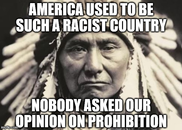 Racist to the core we are. | AMERICA USED TO BE SUCH A RACIST COUNTRY; NOBODY ASKED OUR OPINION ON PROHIBITION | image tagged in american indian | made w/ Imgflip meme maker