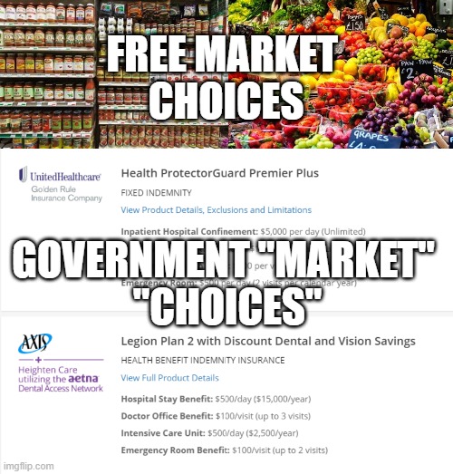 Free Market/Government Market | FREE MARKET 
CHOICES; GOVERNMENT "MARKET" 
"CHOICES" | image tagged in market,free market,taxation is theft,healthcare,aca,obamacare | made w/ Imgflip meme maker