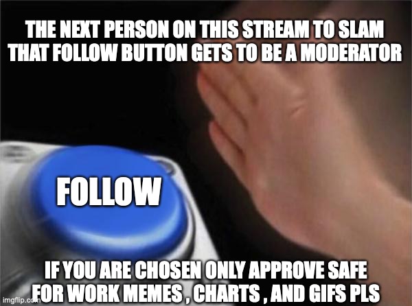do it! | THE NEXT PERSON ON THIS STREAM TO SLAM THAT FOLLOW BUTTON GETS TO BE A MODERATOR; FOLLOW; IF YOU ARE CHOSEN ONLY APPROVE SAFE FOR WORK MEMES , CHARTS , AND GIFS PLS | image tagged in memes,blank nut button | made w/ Imgflip meme maker