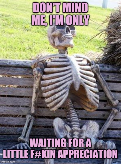 An Actual Raise For Example | DON'T MIND ME, I'M ONLY; WAITING FOR A LITTLE F#KIN APPRECIATION | image tagged in memes,waiting skeleton,work,work sucks,wages | made w/ Imgflip meme maker