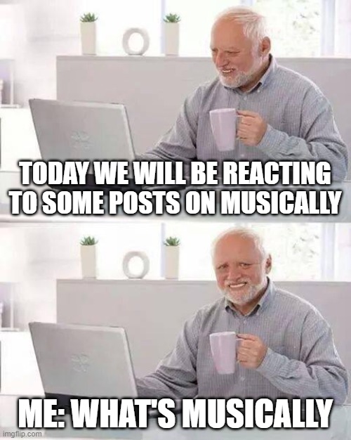 Hide the Pain Harold | TODAY WE WILL BE REACTING TO SOME POSTS ON MUSICALLY; ME: WHAT'S MUSICALLY | image tagged in memes,hide the pain harold | made w/ Imgflip meme maker