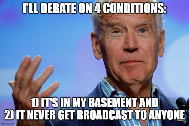 I'LL DEBATE ON 4 CONDITIONS: 1) IT'S IN MY BASEMENT AND 2) IT NEVER GET BROADCAST TO ANYONE | made w/ Imgflip meme maker