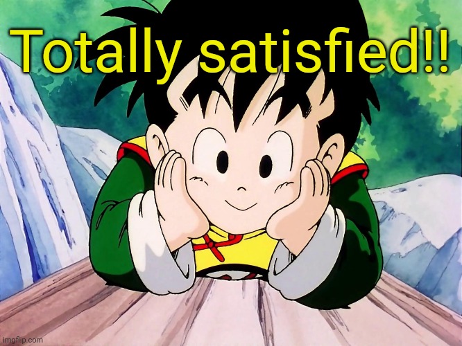 Cute Gohan (DBZ) | Totally satisfied!! | image tagged in cute gohan dbz | made w/ Imgflip meme maker