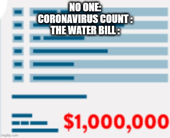 High Bills | NO ONE:
CORONAVIRUS COUNT :
THE WATER BILL : | image tagged in coronavirus,covid-19,dank memes,funny memes,so true memes,original meme | made w/ Imgflip meme maker