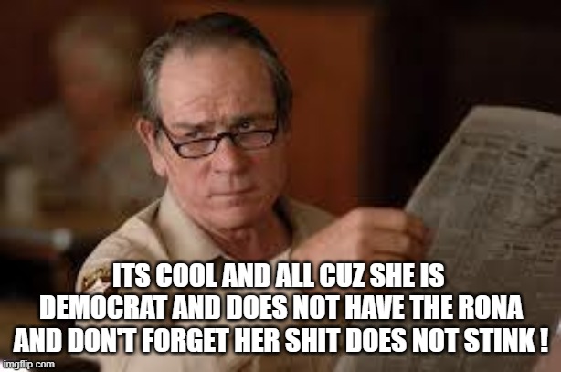 no country for old men tommy lee jones | ITS COOL AND ALL CUZ SHE IS  DEMOCRAT AND DOES NOT HAVE THE RONA AND DON'T FORGET HER SHIT DOES NOT STINK ! | image tagged in no country for old men tommy lee jones | made w/ Imgflip meme maker