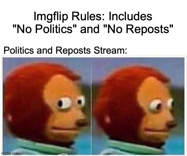 Monkey Puppet Meme | Imgflip Rules: Includes "No Politics" and "No Reposts"; Politics and Reposts Stream: | image tagged in memes,monkey puppet | made w/ Imgflip meme maker