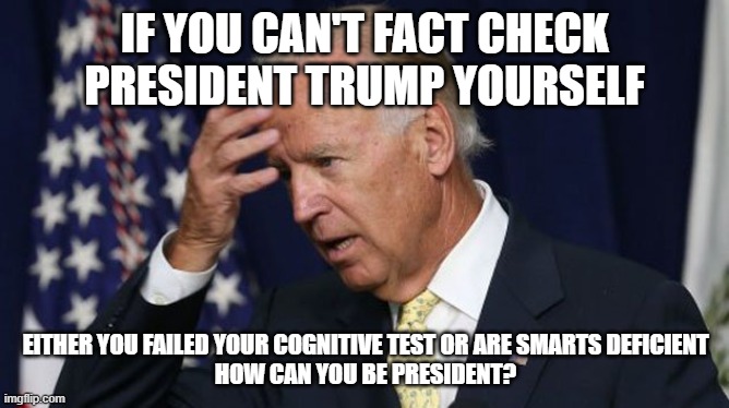 Joe Biden worries | IF YOU CAN'T FACT CHECK PRESIDENT TRUMP YOURSELF; EITHER YOU FAILED YOUR COGNITIVE TEST OR ARE SMARTS DEFICIENT
HOW CAN YOU BE PRESIDENT? | image tagged in joe biden worries | made w/ Imgflip meme maker