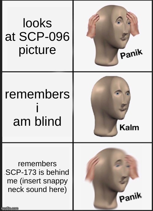 scp | looks at SCP-096 picture; remembers i am blind; remembers SCP-173 is behind me (insert snappy neck sound here) | image tagged in memes,panik kalm panik | made w/ Imgflip meme maker