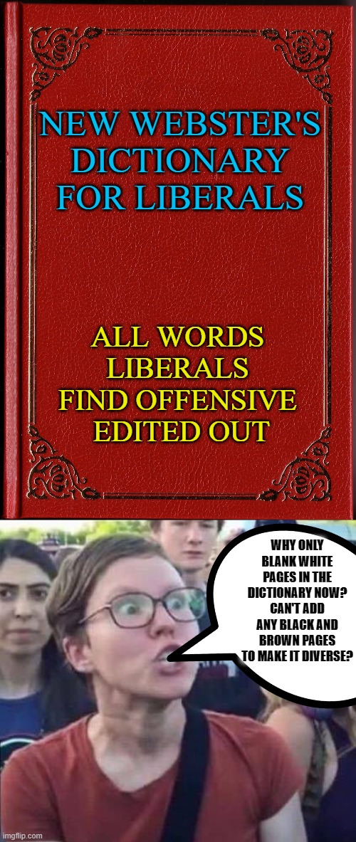Nothing is safe anymore from the deranged left | NEW WEBSTER'S DICTIONARY FOR LIBERALS; ALL WORDS LIBERALS FIND OFFENSIVE  EDITED OUT; WHY ONLY BLANK WHITE PAGES IN THE DICTIONARY NOW? CAN'T ADD ANY BLACK AND BROWN PAGES TO MAKE IT DIVERSE? | image tagged in blank book,angry liberal,liberal logic,snowflakes,democratic party,memes | made w/ Imgflip meme maker