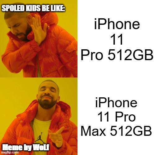 Spoiled Kids be like amirite? | SPOLED KIDS BE LIKE:; iPhone 11 Pro 512GB; iPhone 11 Pro Max 512GB; Meme by WoLf | image tagged in memes,drake hotline bling | made w/ Imgflip meme maker