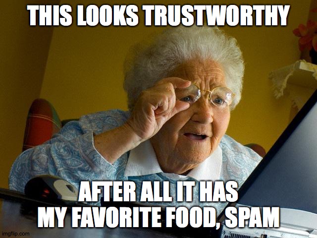 Grandma Finds Mail | THIS LOOKS TRUSTWORTHY; AFTER ALL IT HAS MY FAVORITE FOOD, SPAM | image tagged in memes,grandma finds the internet | made w/ Imgflip meme maker