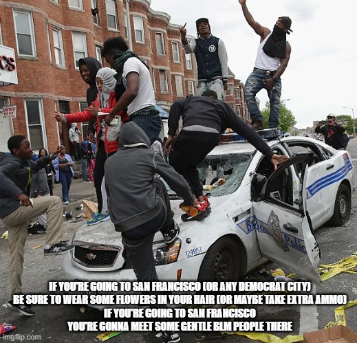 BLM | IF YOU'RE GOING TO SAN FRANCISCO (OR ANY DEMOCRAT CITY)
BE SURE TO WEAR SOME FLOWERS IN YOUR HAIR (OR MAYBE TAKE EXTRA AMMO)
IF YOU'RE GOING TO SAN FRANCISCO
YOU'RE GONNA MEET SOME GENTLE BLM PEOPLE THERE | image tagged in blm | made w/ Imgflip meme maker