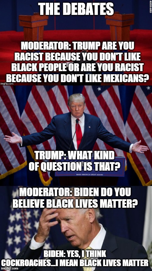 Trump Biden Debates 2020 | THE DEBATES; MODERATOR: TRUMP ARE YOU RACIST BECAUSE YOU DON'T LIKE BLACK PEOPLE OR ARE YOU RACIST BECAUSE YOU DON'T LIKE MEXICANS? TRUMP: WHAT KIND OF QUESTION IS THAT? MODERATOR: BIDEN DO YOU BELIEVE BLACK LIVES MATTER? BIDEN: YES, I THINK COCKROACHES...I MEAN BLACK LIVES MATTER | image tagged in donald trump,joe biden worries,debate | made w/ Imgflip meme maker
