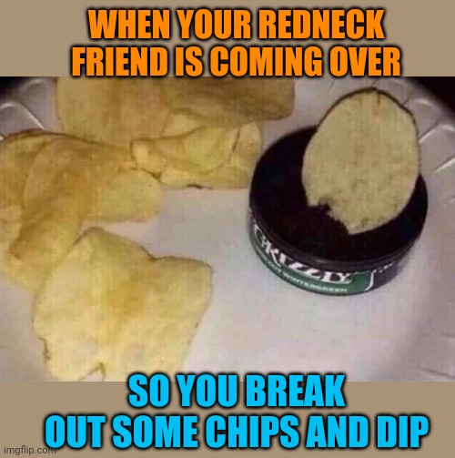 Chips and Dip | WHEN YOUR REDNECK FRIEND IS COMING OVER; SO YOU BREAK OUT SOME CHIPS AND DIP | image tagged in rednecks,potato chips,chew,funny memes | made w/ Imgflip meme maker