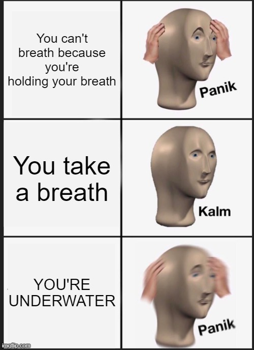BREATH | You can't breath because you're holding your breath; You take a breath; YOU'RE UNDERWATER | image tagged in memes,panik kalm panik | made w/ Imgflip meme maker