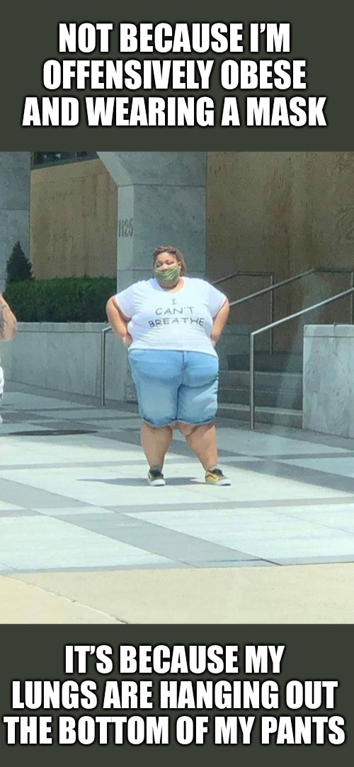 I Can’t Breathe | NOT BECAUSE I’M OFFENSIVELY OBESE AND WEARING A MASK; IT’S BECAUSE MY LUNGS ARE HANGING OUT THE BOTTOM OF MY PANTS | image tagged in dont lung shame,weakness disgusts me | made w/ Imgflip meme maker