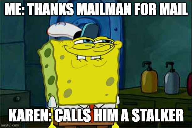 Don't You Squidward | ME: THANKS MAILMAN FOR MAIL; KAREN: CALLS HIM A STALKER | image tagged in memes,don't you squidward | made w/ Imgflip meme maker