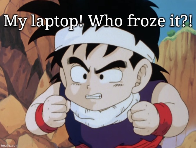 Gohan "Do I look like.." (DBZ) | My laptop! Who froze it?! | image tagged in gohan do i look like dbz | made w/ Imgflip meme maker