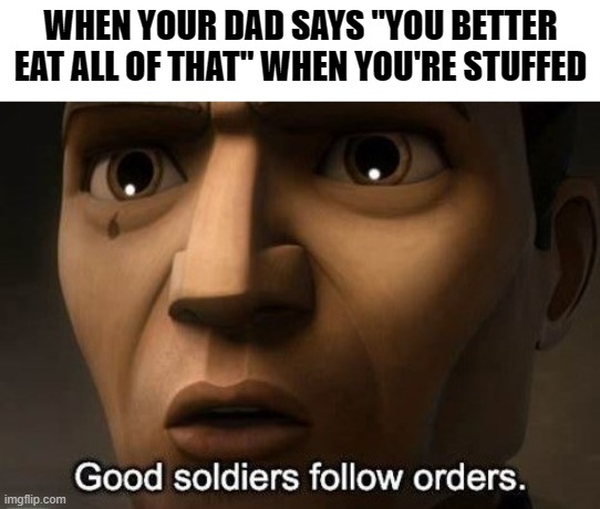 Shoot I forgot about dessert | WHEN YOUR DAD SAYS "YOU BETTER EAT ALL OF THAT" WHEN YOU'RE STUFFED | image tagged in clone wars,good soldiers follow orders,memes,funny memes | made w/ Imgflip meme maker