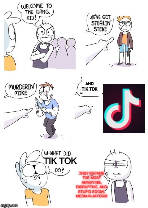 Crimes Johnson | AND TIK TOK; TIK TOK; THEY BECAME THE MOST ANNOYING, DISRUPTIVE, AND STUPID SOCIAL MEDIA PLATFORM | image tagged in crimes johnson | made w/ Imgflip meme maker