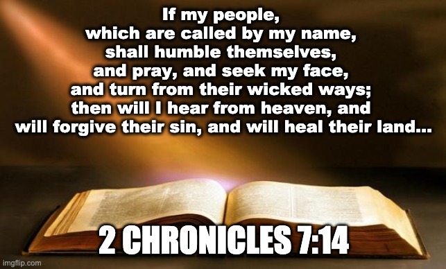 Bible  | If my people, 
which are called by my name, 
shall humble themselves, 
and pray, and seek my face, 
and turn from their wicked ways; 
then will I hear from heaven, and 
will forgive their sin, and will heal their land... 2 CHRONICLES 7:14 | image tagged in bible | made w/ Imgflip meme maker