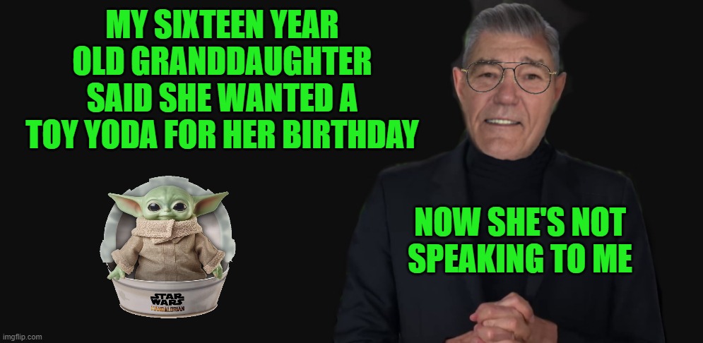 generation gap | MY SIXTEEN YEAR OLD GRANDDAUGHTER SAID SHE WANTED A TOY YODA FOR HER BIRTHDAY; NOW SHE'S NOT SPEAKING TO ME | image tagged in toy,yoda | made w/ Imgflip meme maker