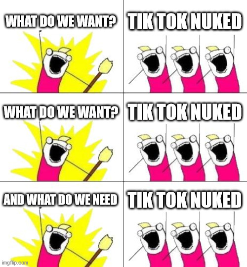 What Do We Want 3 | WHAT DO WE WANT? TIK TOK NUKED; WHAT DO WE WANT? TIK TOK NUKED; AND WHAT DO WE NEED; TIK TOK NUKED | image tagged in memes,what do we want 3 | made w/ Imgflip meme maker