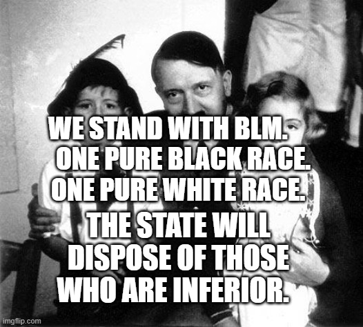 hitler children | WE STAND WITH BLM.       ONE PURE BLACK RACE.     ONE PURE WHITE RACE. THE STATE WILL DISPOSE OF THOSE WHO ARE INFERIOR. | image tagged in hitler children | made w/ Imgflip meme maker