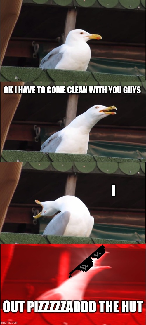 Inhaling Seagull Meme | OK I HAVE TO COME CLEAN WITH YOU GUYS; I; OUT PIZZZZZADDD THE HUT | image tagged in memes,inhaling seagull,out pizzad the hut | made w/ Imgflip meme maker