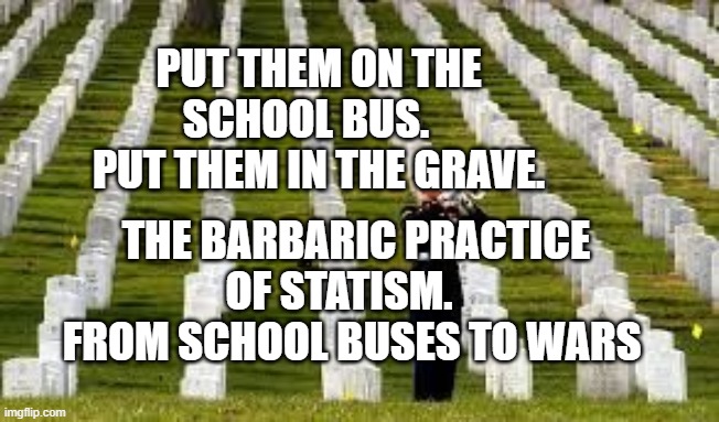 Military Cemetary | PUT THEM ON THE SCHOOL BUS.    PUT THEM IN THE GRAVE. THE BARBARIC PRACTICE OF STATISM.     FROM SCHOOL BUSES TO WARS | image tagged in military cemetary | made w/ Imgflip meme maker