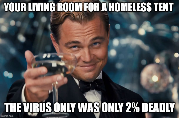 di caprio gatsby | YOUR LIVING ROOM FOR A HOMELESS TENT; THE VIRUS ONLY WAS ONLY 2% DEADLY | image tagged in di caprio gatsby | made w/ Imgflip meme maker