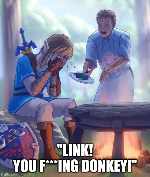 “Link! You f***ing donkey!” | "LINK!
YOU F***ING DONKEY!" | image tagged in cooking,video games,gordon ramsay,legend of zelda,breath of the wild,the legend of zelda breath of the wild | made w/ Imgflip meme maker