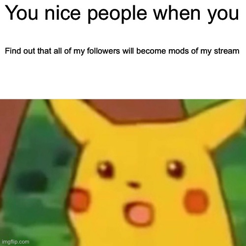 I will start doing it now, just tell me if you follow me | You nice people when you; Find out that all of my followers will become mods of my stream | image tagged in memes,surprised pikachu,followers,meme stream | made w/ Imgflip meme maker