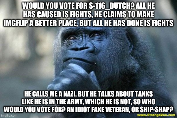 Deep Thoughts | WOULD YOU VOTE FOR S-116_DUTCH? ALL HE HAS CAUSED IS FIGHTS, HE CLAIMS TO MAKE IMGFLIP A BETTER PLACE, BUT ALL HE HAS DONE IS FIGHTS; HE CALLS ME A NAZI, BUT HE TALKS ABOUT TANKS LIKE HE IS IN THE ARMY, WHICH HE IS NOT, SO WHO WOULD YOU VOTE FOR? AN IDIOT FAKE VETERAN, OR SHIP-SHAP? | image tagged in deep thoughts | made w/ Imgflip meme maker