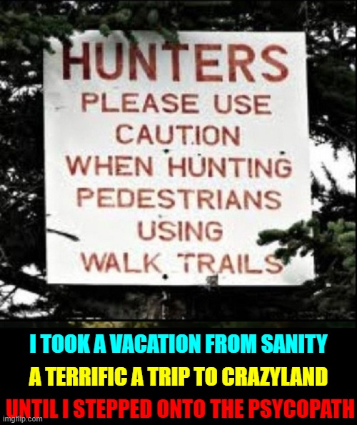 I recognized at once it was a sign from God | I TOOK A VACATION FROM SANITY; A TERRIFIC A TRIP TO CRAZYLAND; UNTIL I STEPPED ONTO THE PSYCOPATH | image tagged in vince vance,hunters,crazy people,memes,signs/billboards,stupid signs | made w/ Imgflip meme maker