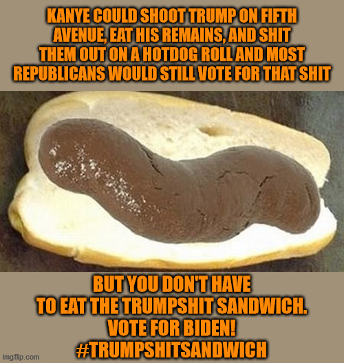Are you really on board for four more years of this shit? | KANYE COULD SHOOT TRUMP ON FIFTH AVENUE, EAT HIS REMAINS, AND SHIT THEM OUT ON A HOTDOG ROLL AND MOST REPUBLICANS WOULD STILL VOTE FOR THAT SHIT; BUT YOU DON'T HAVE TO EAT THE TRUMPSHIT SANDWICH.
VOTE FOR BIDEN!
#TRUMPSHITSANDWICH | image tagged in true shit sandwich,memes,politics | made w/ Imgflip meme maker