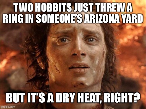 It's Finally Over | TWO HOBBITS JUST THREW A RING IN SOMEONE’S ARIZONA YARD; BUT IT’S A DRY HEAT, RIGHT? | image tagged in memes,it's finally over | made w/ Imgflip meme maker
