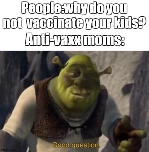 Shrek good question |  People:why do you not  vaccinate your kids? Anti-vaxx moms: | image tagged in shrek good question | made w/ Imgflip meme maker
