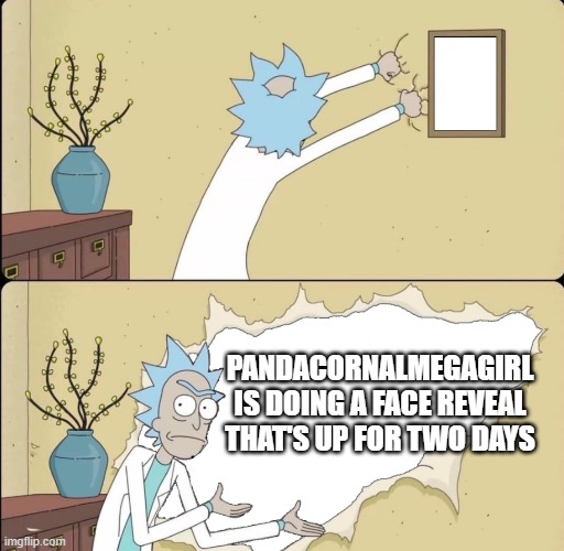 oh yeah also check out her stream and maybe follow her | PANDACORNALMEGAGIRL IS DOING A FACE REVEAL THAT'S UP FOR TWO DAYS | image tagged in rick reveals truth | made w/ Imgflip meme maker