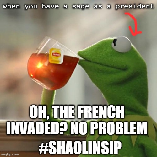 Mind over body, but first, tea | when you have a sage as a president; OH, THE FRENCH INVADED? NO PROBLEM; #SHAOLINSIP | image tagged in memes,but that's none of my business,kermit the frog | made w/ Imgflip meme maker